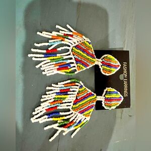 Vintage 80s clip on Earrings fringed Rainbow beads Leather Back Handmade  NWT